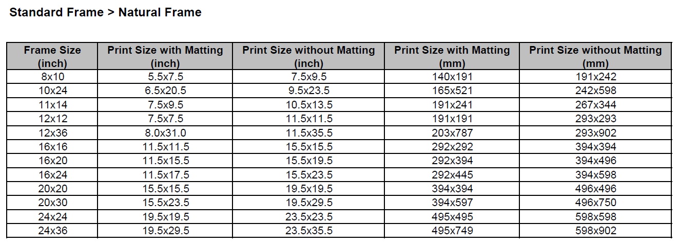 Standard on sale size frames